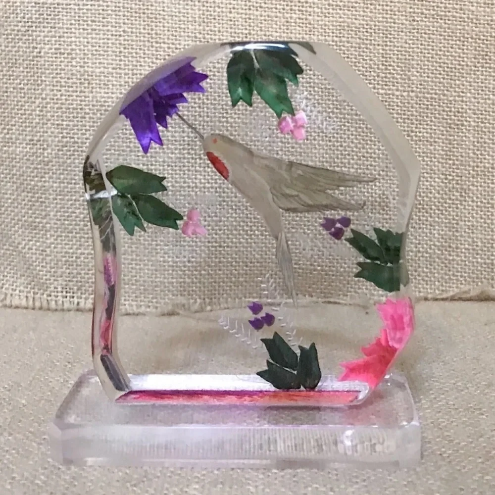 Vintage Floral Hummingbird Lucite Acrylic Paperweight Reverse Carving Fairy Core